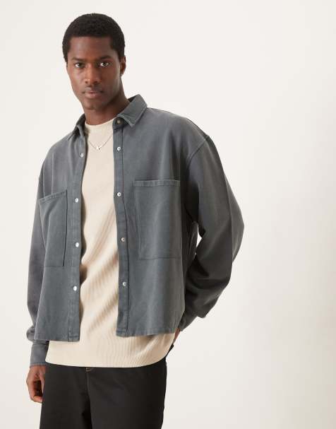 ASOS DESIGN – Mörkgrå, oversize skjortjacka i bomull med volymärmar - view 1