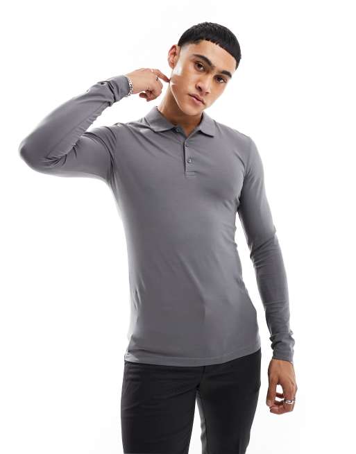 ASOS DESIGN – Mörkgrå pikétröja i muscle fit med långa ärmar