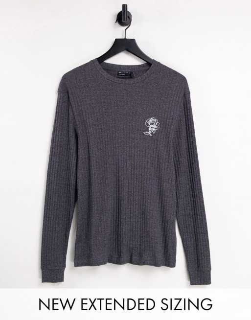 ASOS DESIGN – Mörkgrå ribbad t-shirt med långa ärmar och broderad ros