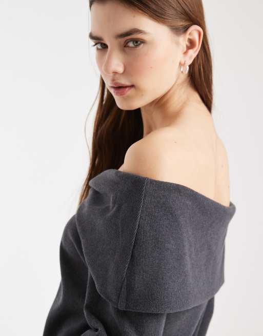ASOS DESIGN – Mörkgrå, ribbad topp med långa ärmar och nedvikta axlar, 2 av 4