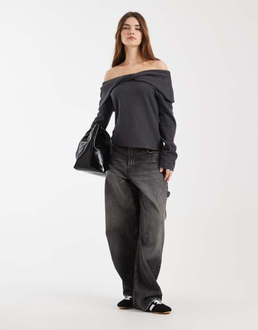 ASOS DESIGN – Mörkgrå, ribbad topp med långa ärmar och nedvikta axlar, 3 av 4