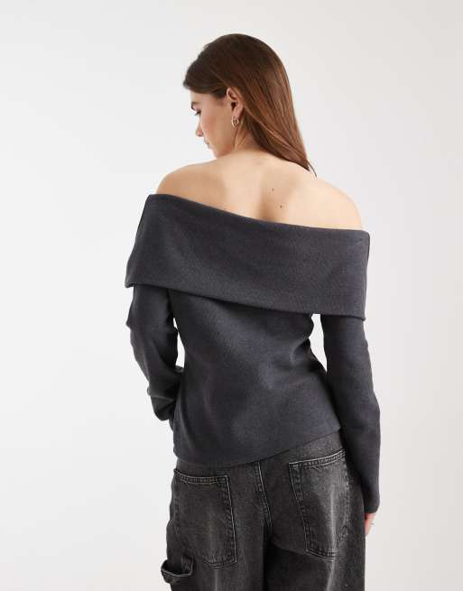 ASOS DESIGN – Mörkgrå, ribbad topp med långa ärmar och nedvikta axlar, 4 av 4