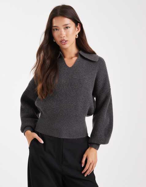 ASOS DESIGN – Mörkgrå, ribbstickad fiskartröja i oversize med krage - view 1