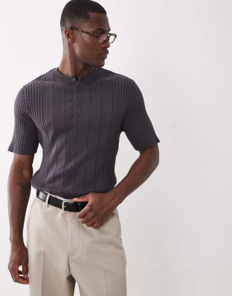 ASOS DESIGN – Mörkgrå, ribbstickad henley-topp - view 1