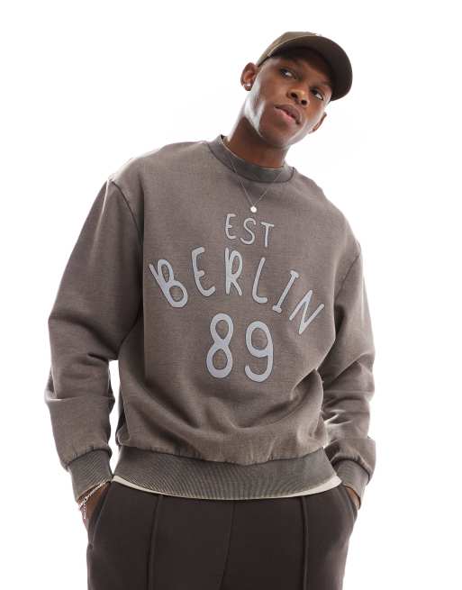 ASOS DESIGN – Mörkgrå, stentvättad sweatshirt i oversize med tryck