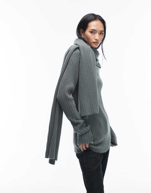 ASOS DESIGN – Mörkgrå, stickad tröja med ståkrage och avtagbar sjal