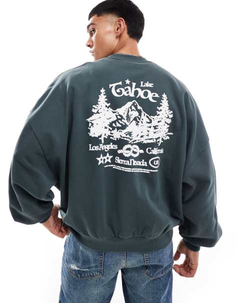 ASOS DESIGN – Mörkgrå sweatshirt i extrem oversize med bergstryck - view 1