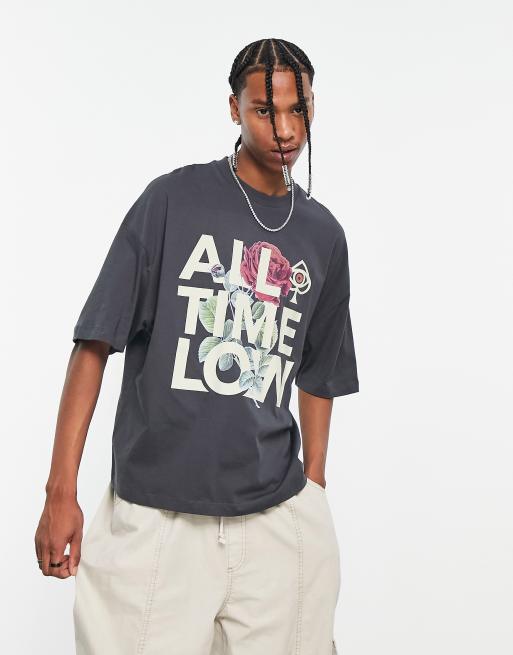ASOS DESIGN – Mörkgrå t-shirt i oversize med All Time Low-tryck