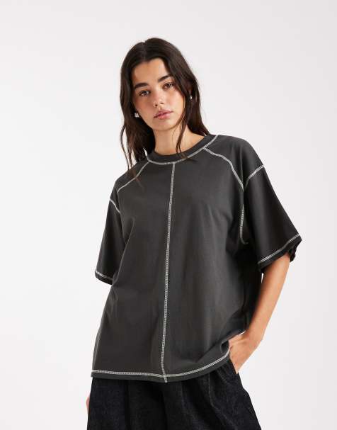 ASOS DESIGN – Mörkgrå t-shirt i oversize med korta ärmar och kontrastfärgade sömmar - view 1