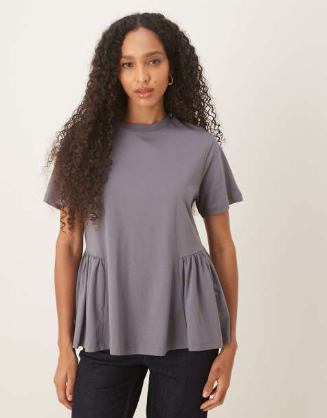ASOS DESIGN – Mörkgrå t-shirt i oversize och peplum-modell med rysch - view 1
