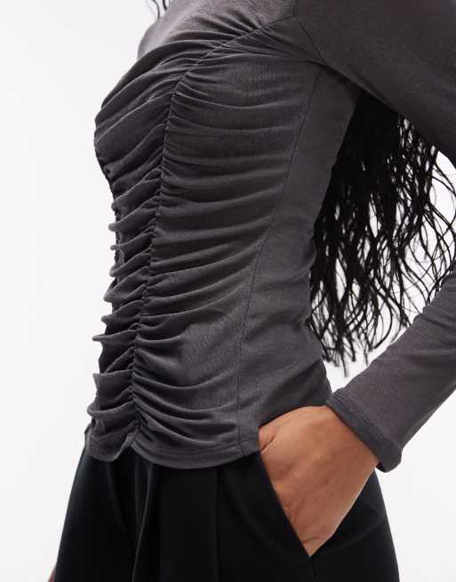 ASOS DESIGN – Mörkgrå topp i tunt, starkt material med långa ärmar och rynkat liv, 4 av 4