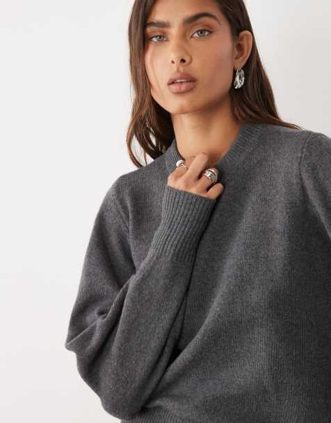 ASOS DESIGN – Mörkgrå tröja i yllemix med rund halsringning och markerad midja - view 1
