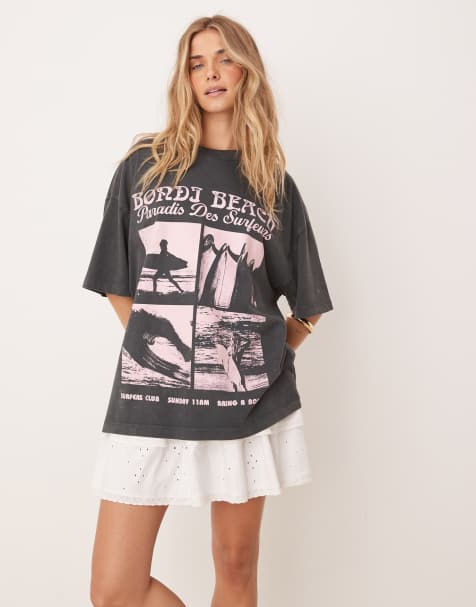 ASOS DESIGN – Mörkgrå, tvättad t-shirt i oversize med 'Bondi Beach'-tryck - view 1