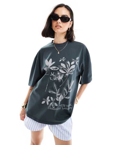 ASOS DESIGN – Mörkgrå, tvättad t-shirt i oversize med New York Botanical Gardens-tryck - view 1