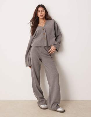 ASOS DESIGN – Mörkgråmelerade, mjuka byxor med vida ben, del av set - view 1