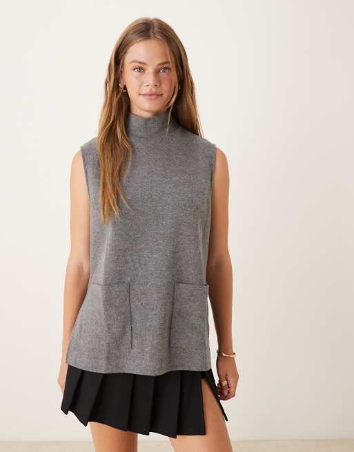 ASOS DESIGN – Mörkgråmelerat, mjukt linne i boxy fit med hög krage