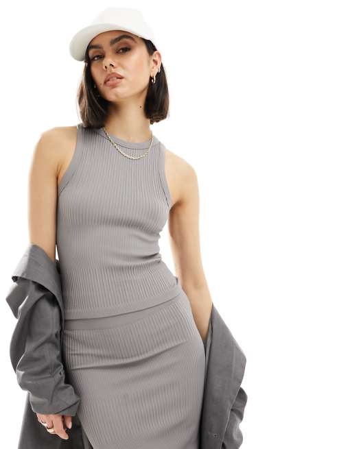ASOS DESIGN – Mörkgrått, blandribbat linne i skulpterande seamless design, del av set