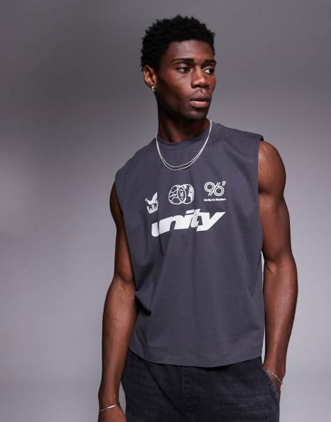 ASOS DESIGN – Mörkgrått, boxigt linne i oversize med tryck på bröstet - view 1