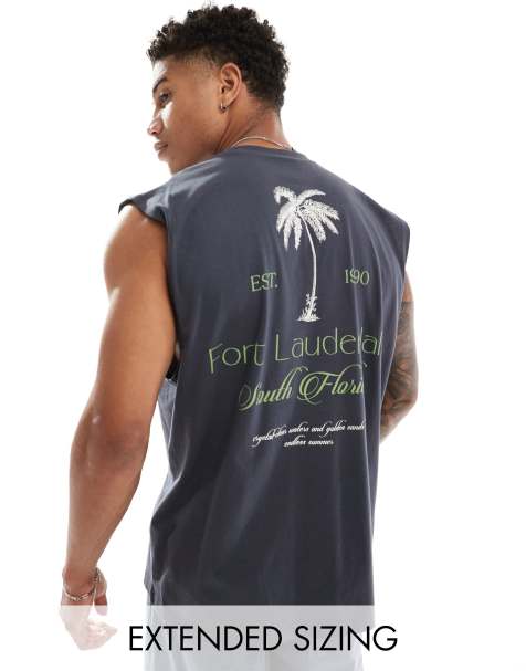 ASOS DESIGN – Mörkgrått linne i oversize med 'Fort Lauderdale'-tryck baktill - view 1