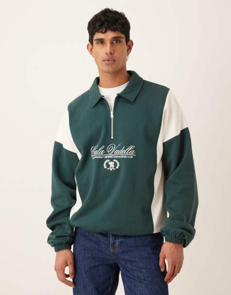 ASOS DESIGN – Mörkgrön, avslappnad, panelsydd sweatshirt med halvlång dragkedja och text - view 1