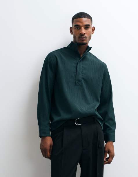 ASOS DESIGN – Mörkgrön, avslappnad skjorta u dra på-modell med ståkrage - view 1