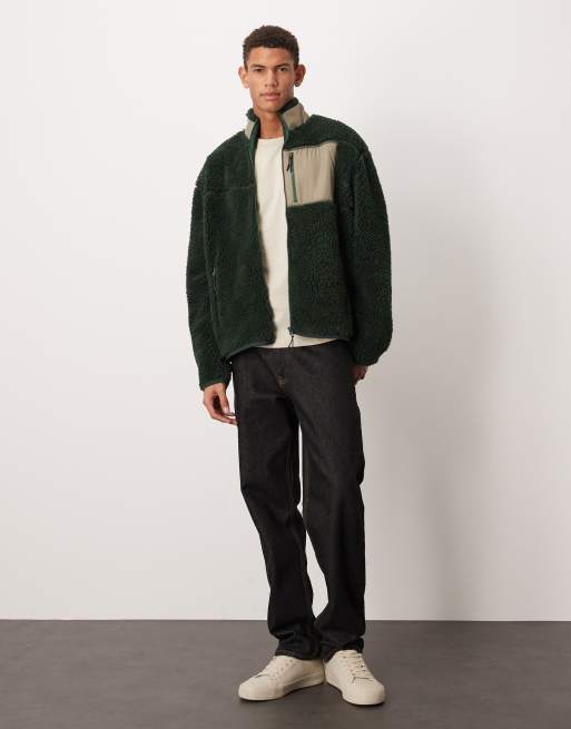 ASOS DESIGN – Mörkgrön, avslappnad teddyjacka med dragkedja och ficka, 2 av 5