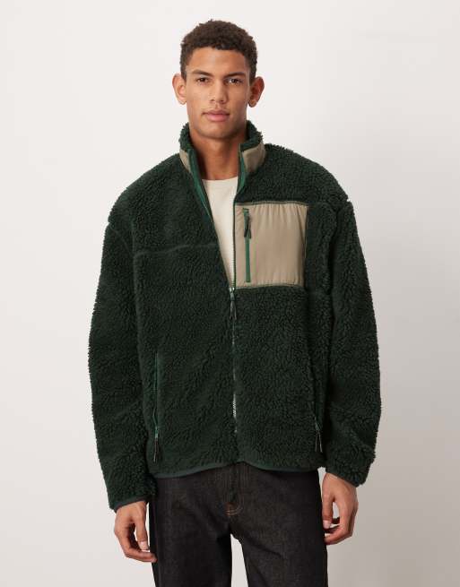 ASOS DESIGN – Mörkgrön, avslappnad teddytröja med dragkedja och ficka