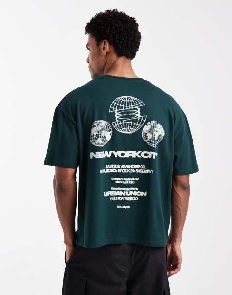 ASOS DESIGN – Mörkgrön, boxig t-shirt i oversized fit med 'New York'-tryck - view 1