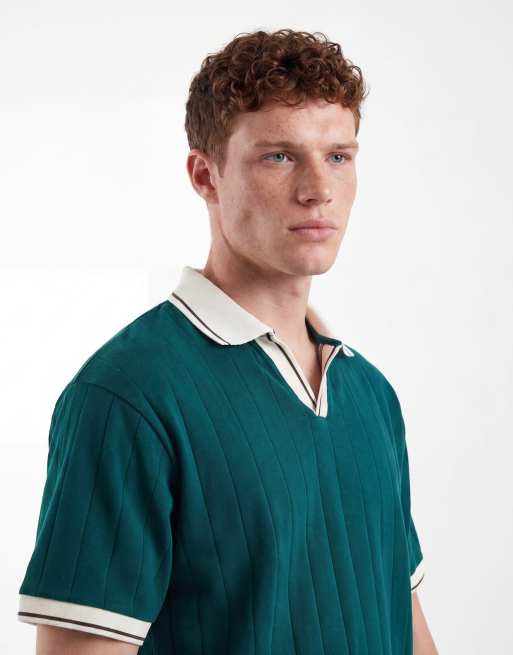 ASOS DESIGN – Mörkgrön, bredribbad, avslappnad pikétröja med kontrastfärgad krage, 4 av 5