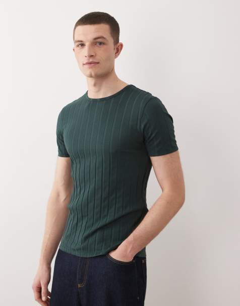 ASOS DESIGN – Mörkgrön bredribbad t-shirt med smal passform - view 1