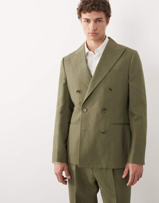 ASOS DESIGN – Mörkgrön, dubbelknäppt kostym i linnerikt tyg och slim fit, 3 av 3