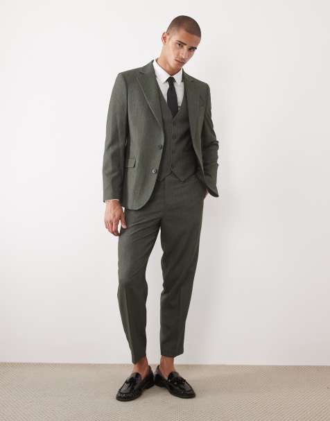 ASOS DESIGN – Mörkgrön, fiskbensmönstrad kostym i slim fit - view 1