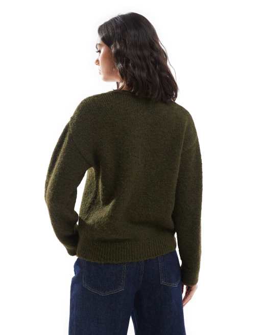 ASOS DESIGN – Mörkgrön, fluffig, stickad kofta med rund halsringning i ylleblandat tyg , 2 av 4