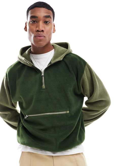 ASOS DESIGN – Mörkgrön hoodie i polarfleece och oversize med blockfärgad design