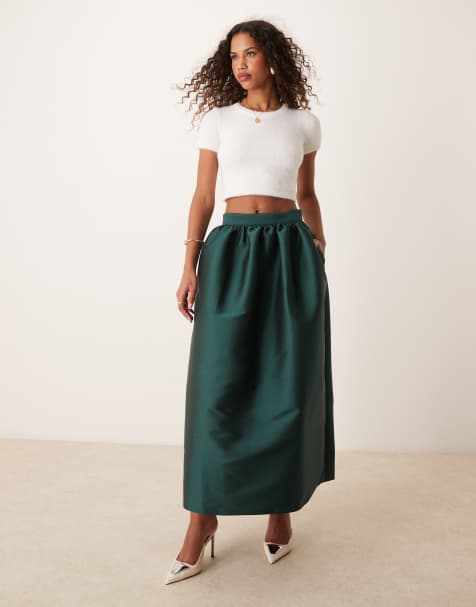 ASOS DESIGN – Mörkgrön maxikjol med volym till högtiden - view 1