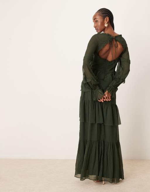ASOS DESIGN – Mörkgrön, panelsydd maxiklänning med v-ringning, volang, stråveck och ojämn fåll, 4 av 4