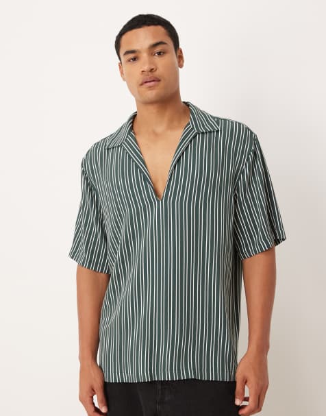 ASOS DESIGN – Mörkgrön, randig skjorta i dra på-modell och relaxed fit - view 1