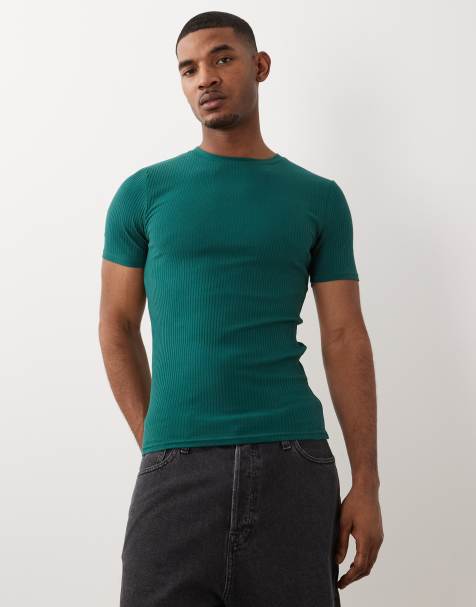 ASOS DESIGN – Mörkgrön, ribbad, kraftig t-shirt i muscle fit - view 1