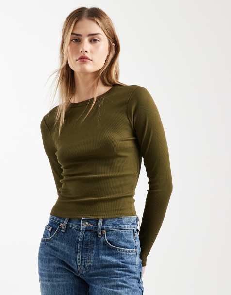 ASOS DESIGN – Mörkgrön, ribbad topp med rund halsringning och långa ärmar - view 1