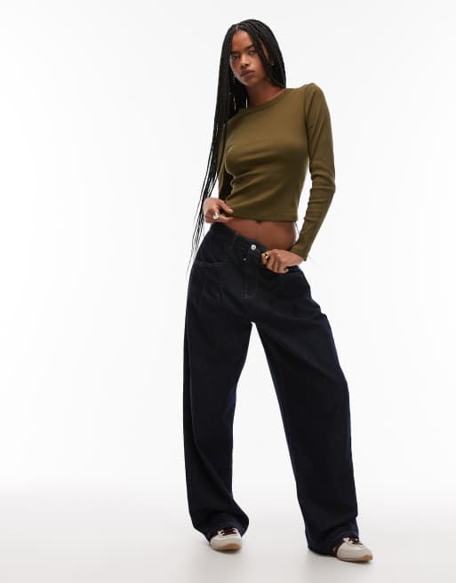 ASOS DESIGN – Mörkgrön, ribbad topp med rund halsringning och långa ärmar, 4 av 4