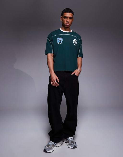 ASOS DESIGN – Mörkgrön t-shirt i oversize med boxig passform, kantband och sporttryck, 3 av 4