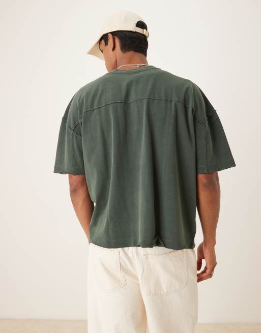 ASOS DESIGN – Mörkgrön t-shirt i oversize med halvlånga ärmar och råskuren fåll, 3 av 4