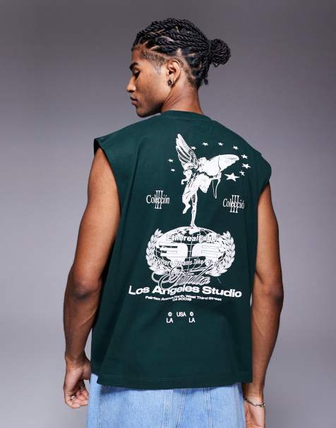 ASOS DESIGN – Mörkgrönt linne med boxig oversize-passform och kerubtryck - view 1