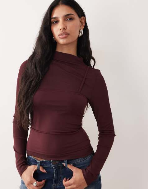 ASOS DESIGN – Mörklila, skir topp i två lager med långa ärmar - view 1