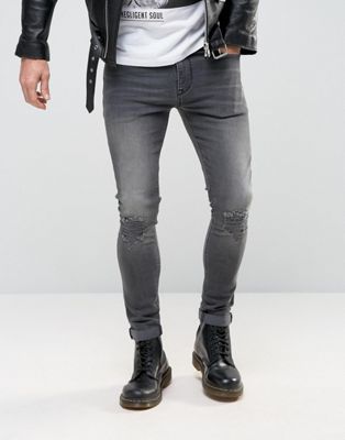 ASOS DESIGN Mörkrgrå superskinny jeans med slitna partier