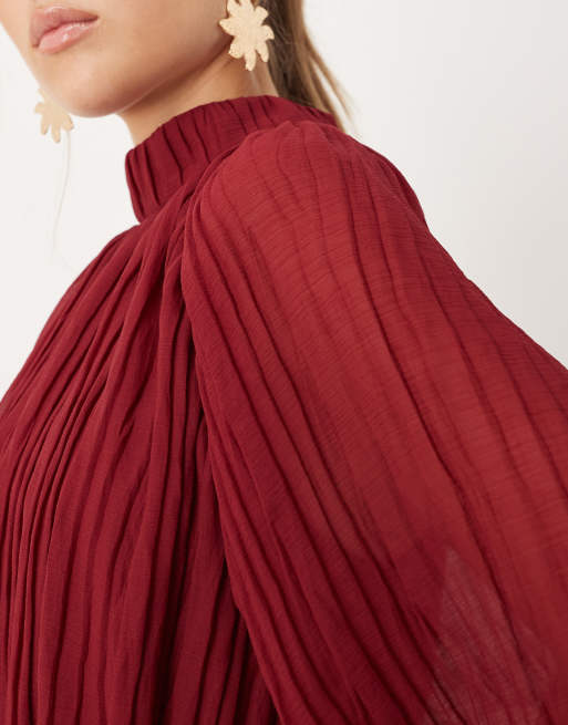 ASOS DESIGN – Mörkröd, krinklad maxiklänning med hög krage och blusärmar, 4 av 4