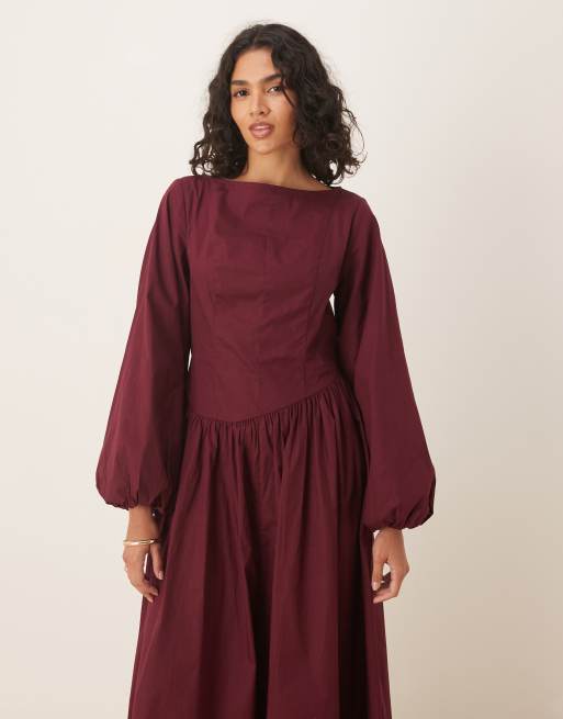 ASOS DESIGN – Mörkröd maxiklänning i poplin med volymärm, 4 av 4