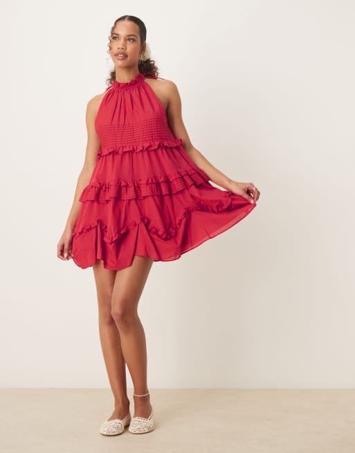 ASOS DESIGN – Mörkröd miniklänning med volang, stråveck och halterneck, 3 av 4