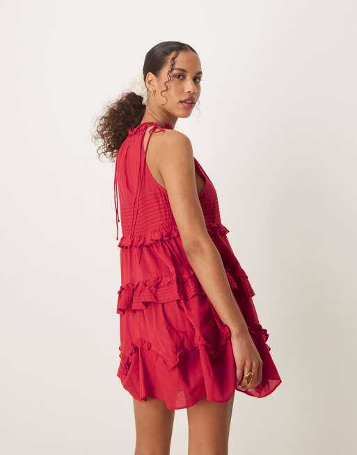 ASOS DESIGN – Mörkröd miniklänning med volang, stråveck och halterneck, 4 av 4