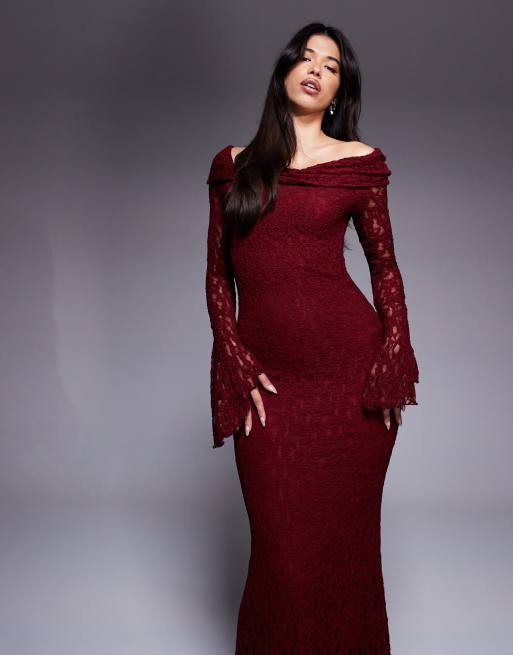 ASOS DESIGN – Mörkröd, texturerad maxiklänning i spets med bardotringning, 3 av 4